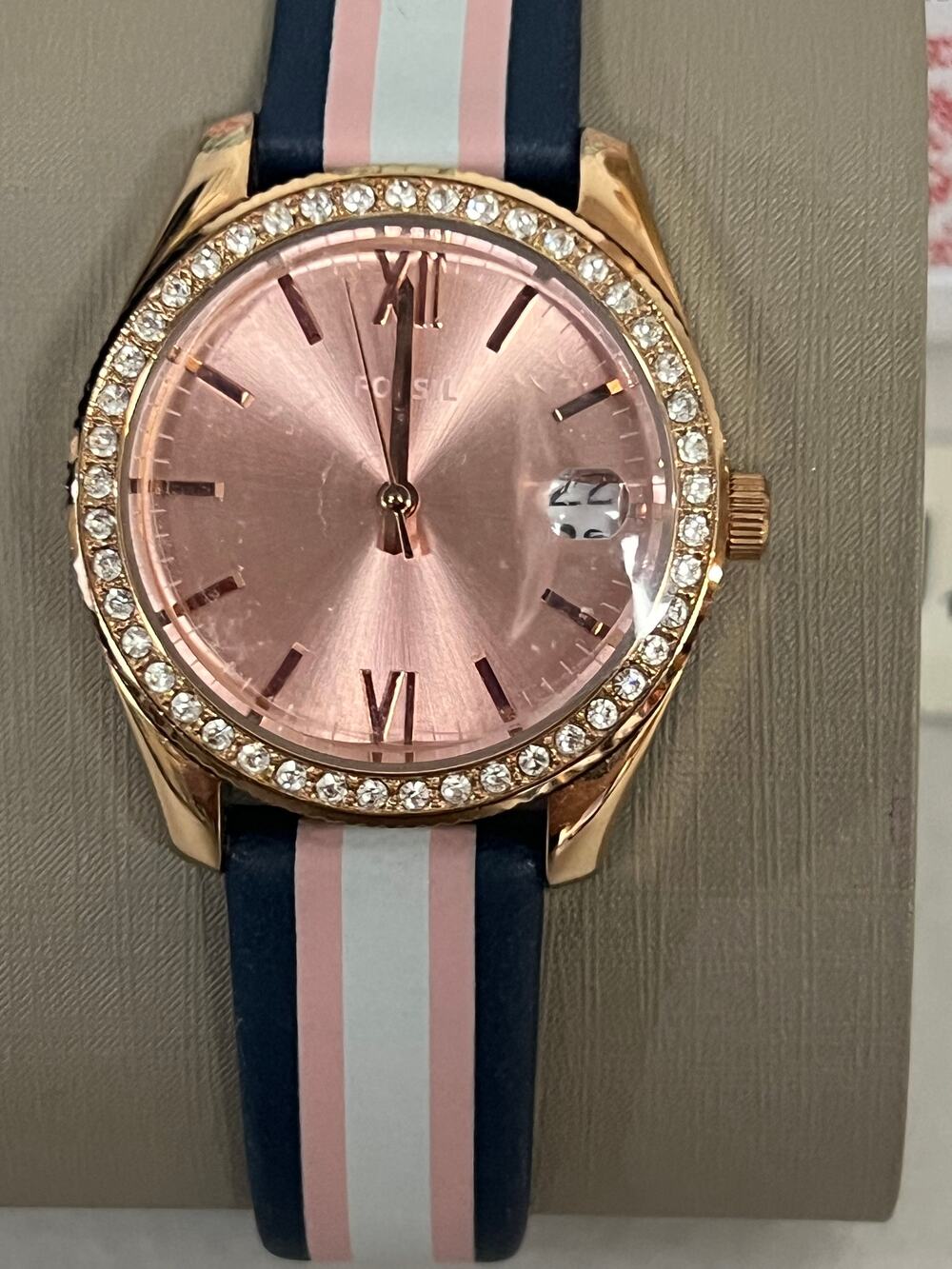 Fossil ES4595 Scarlette Three-Hand Date Striped Navy Leather Watch
